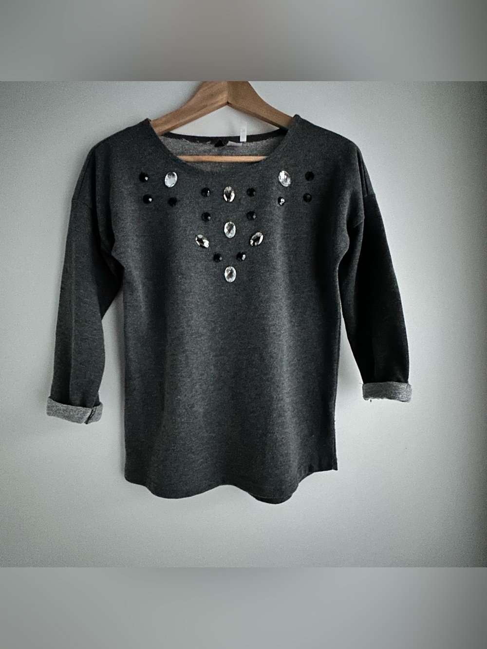 Embellished Dark Gray Sweatshirt with Jewel Accents